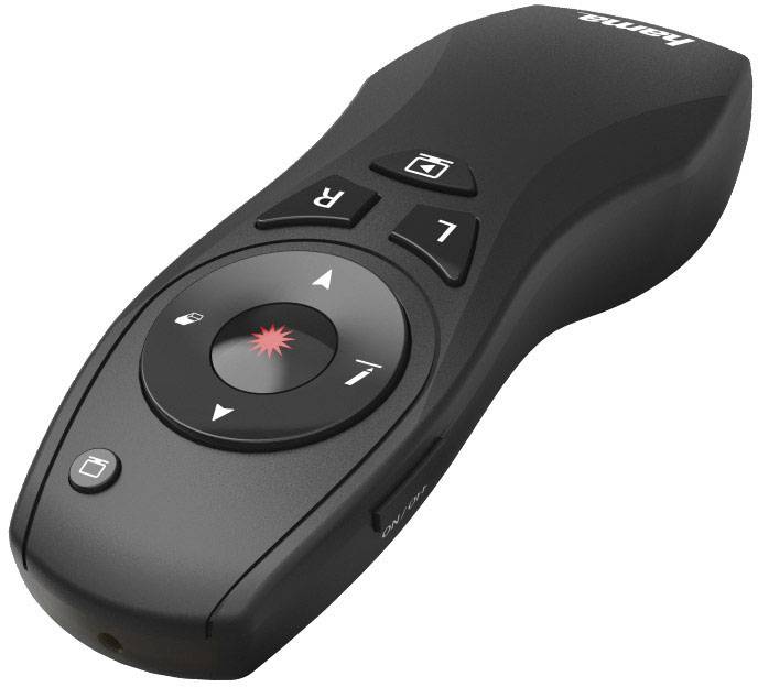 Black and grey presenter with buttons and a red laser pointer target. Suitable for presentations to control slides from a distance.