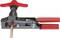Crimping tool for copper pipes with red handles and a rotary grip, used for plumbing and heating installations.