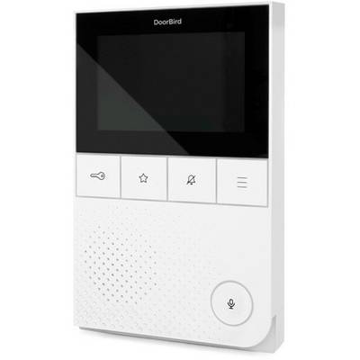 A white door intercom with a screen and four buttons: key, star, bell, menu. Below is a speaker with a microphone button.