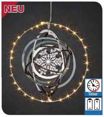 Hanging Christmas decoration with rotating rings and LED lights, with a snowflake pattern in the centre. Includes timer and battery indicator.
