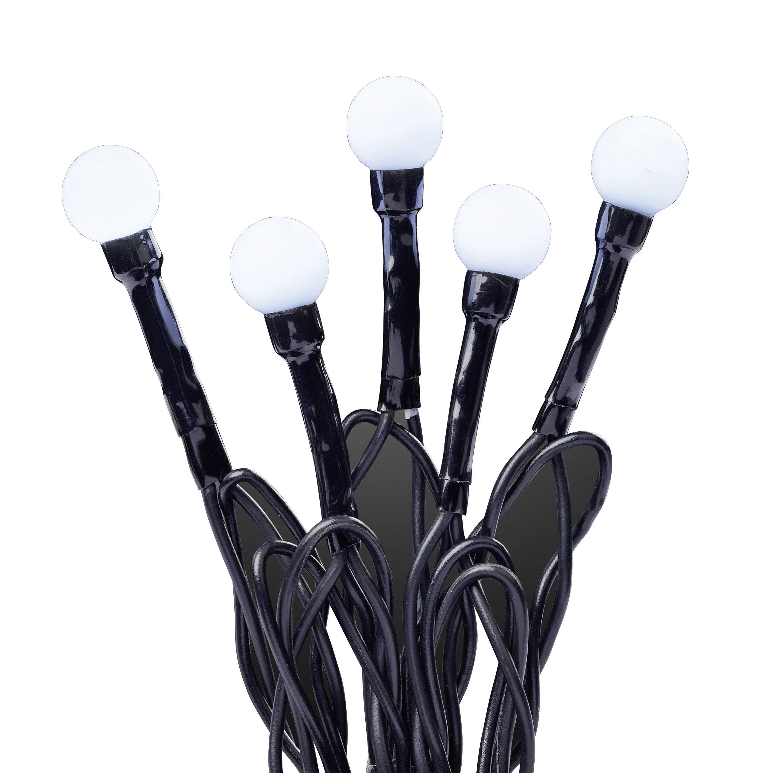 Round, white lights on black cables, intertwined; suitable for decoration and lighting.
