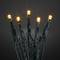 Warm white, glowing LED lights on a dark green cable, evenly arranged in a line, suitable for festive decorations.
