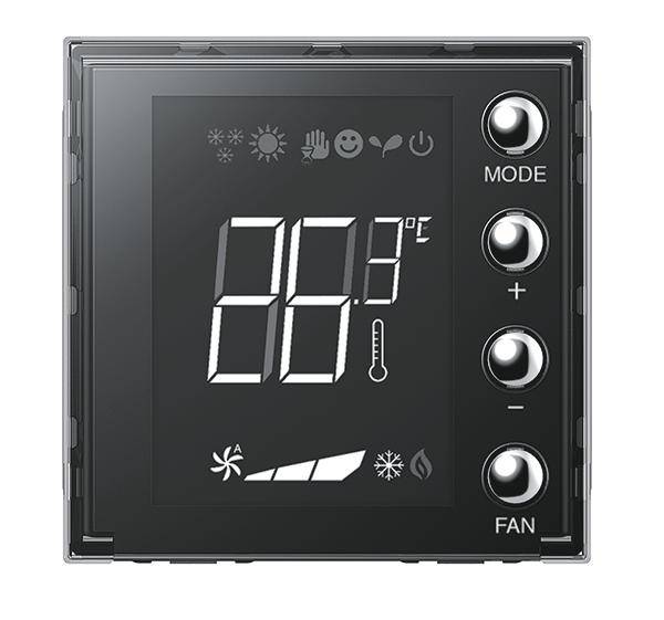 Digital thermostat with large display showing 88°C. On the right are buttons for mode, plus, minus, and fan control. Symbols for different modes at the top.