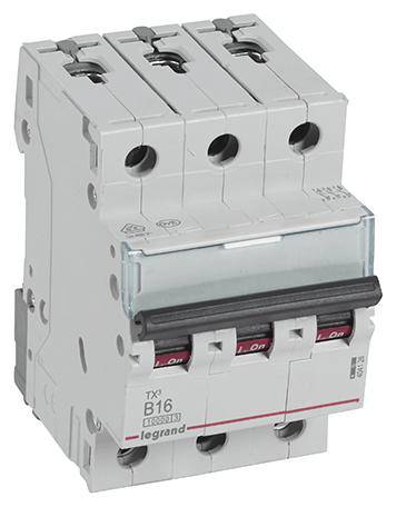 A three-pole circuit breaker with the marking 'TX3 B16'. It is white with red switches, each set to 'Off'.