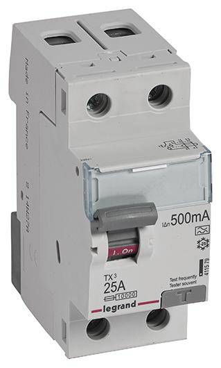 'Legrand TX3 25A 500mA' Residual Current Circuit Breaker (RCCB), grey-white, two upper terminals, transparent protective casing, red switch position.