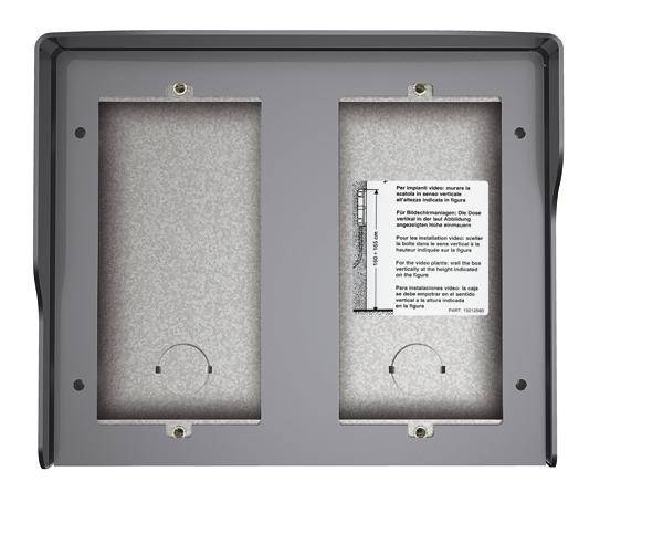 Metal enclosure with two open compartments, for housing devices. Installation instructions are printed on the right side.