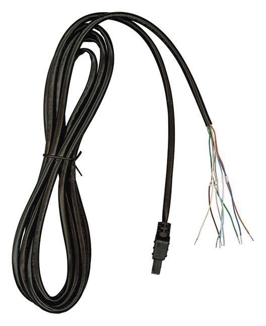 A black cable with a connector on one side; the other side shows several exposed, coloured wires.