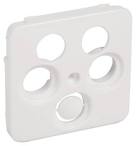 White square plastic plate with five circular cutouts, a smaller one beneath. Part of an installation system.