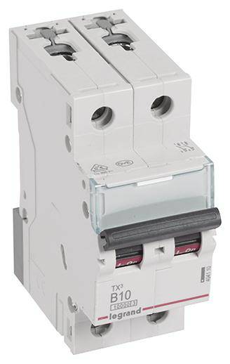 A two-pole circuit breaker marked 'B10'. It is used to protect against overloading and short circuits in electrical circuits.
