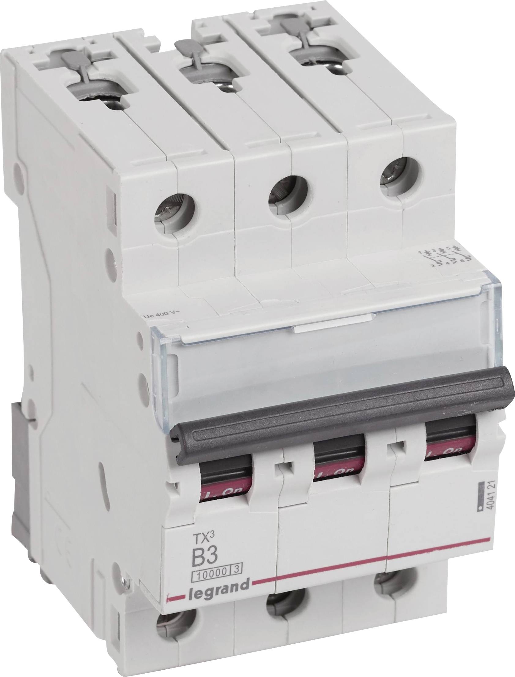 Three-pole circuit breaker by Legrand, Model TX3 B3, provides protection for electrical circuits against overload and short circuit.