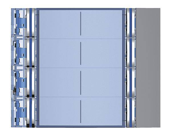 A cross-section of a battery with blue and grey components, showing the internal structure and arrangement of the cells.