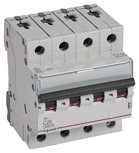A four-pole circuit breaker with toggle switches, all set to 'On'. Suitable for electrical installations.