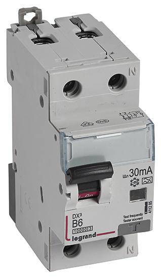A grey circuit breaker by Legrand with a red switch, marked with 'B6' and '30mA', is used for electrical circuit protection.