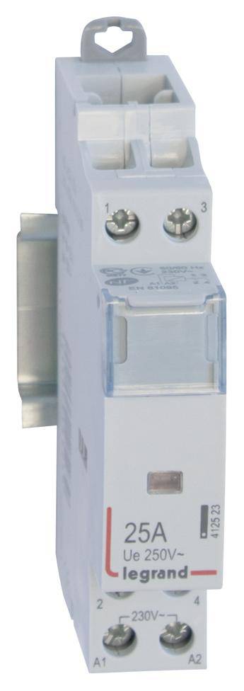 A Legrand electric relay, operational at 250V and 25A, with terminal blocks at the top and bottom, mountable on a DIN rail.