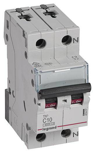 A two-pole circuit breaker by Legrand, Model TX3 C10, with switch positions 'I On' and 'O Off'.
