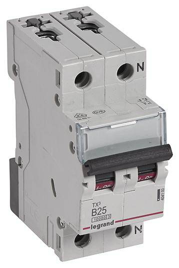 A two-pole circuit breaker, brand Legrand, B25, protects electrical circuits from overload and short circuit.