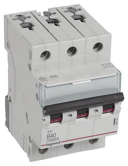 A three-pole circuit breaker by Legrand, Model B40, suitable for protecting electrical circuits.