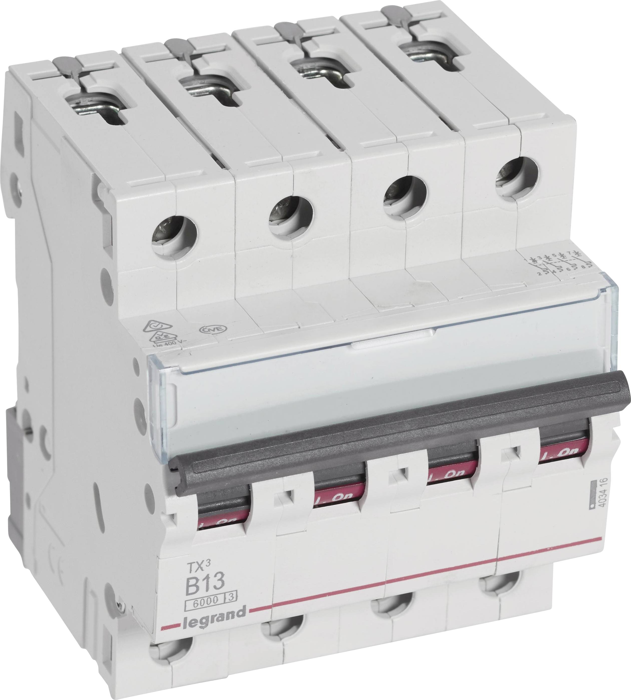 A four-pole circuit breaker by Legrand, Model TX3 B13, for protecting electrical circuits against overload and short circuit.