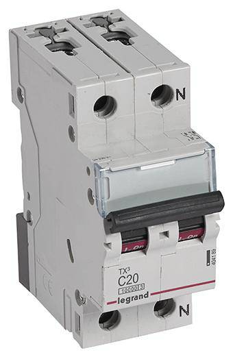 A two-pole circuit breaker marked 'C20' and 'legrand', suitable for protecting electrical circuits.