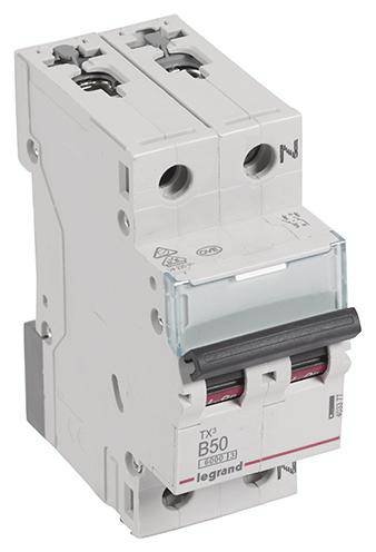 A two-pole circuit breaker with the label 'B50' from Legrand. It is grey and serves to protect electrical circuits.