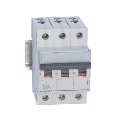 A three-pole circuit breaker with three visible switches, marked as 'C32'. Manufactured by 'Legrand'.