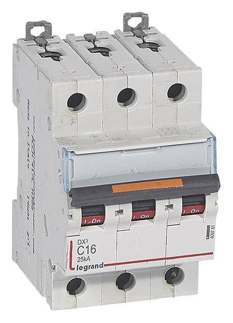Three-pole circuit breaker with the marking 'C16 25kA' and 'On' indication, used for electrical circuit protection.