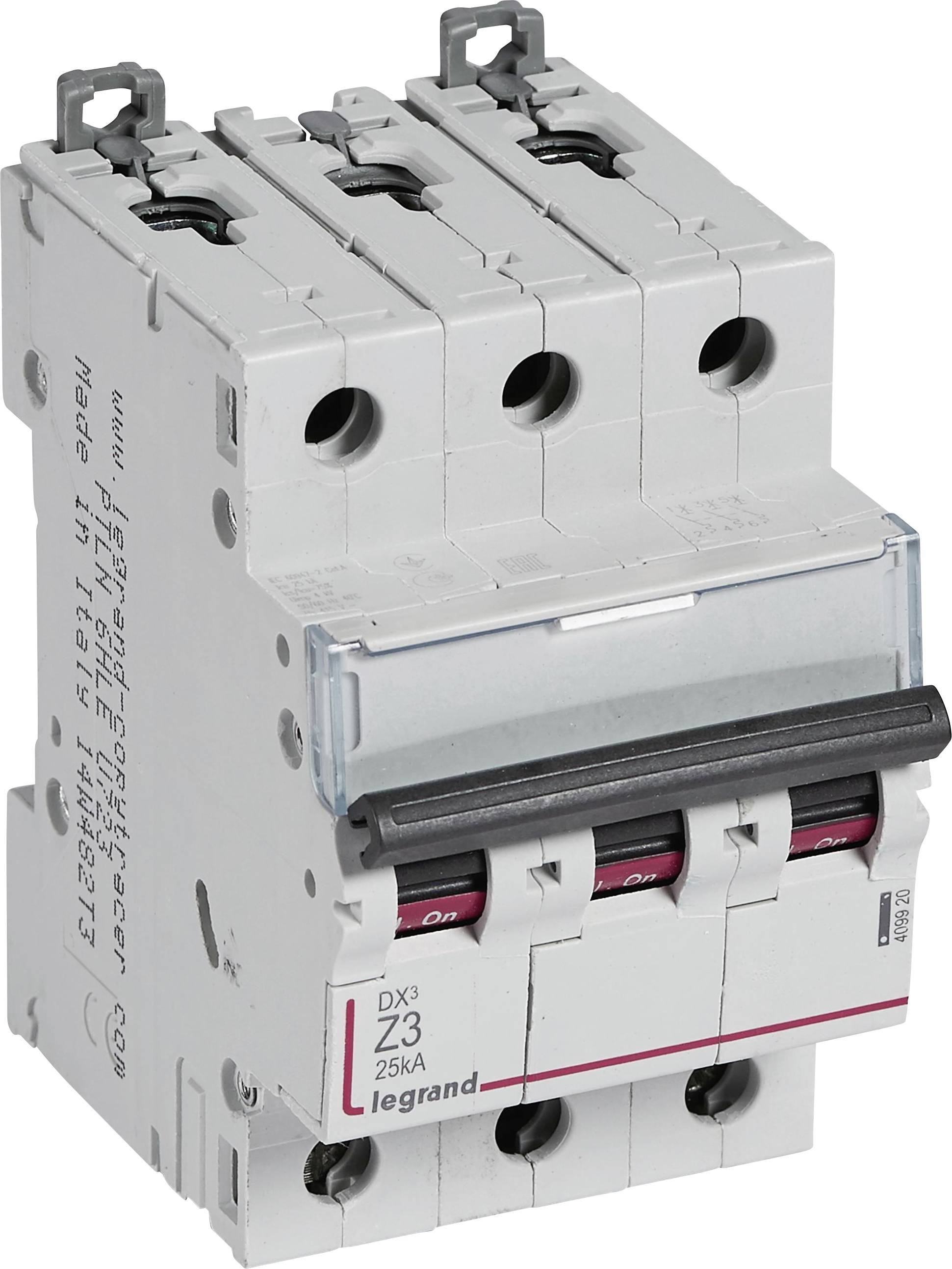 'Legrand' circuit breaker with three switches in standard position.