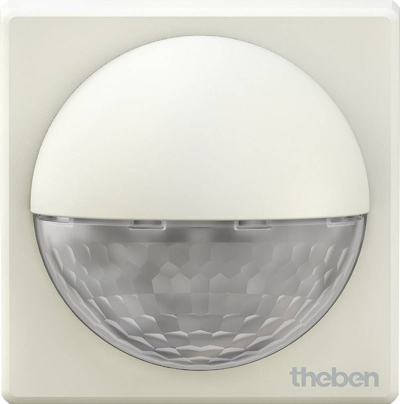 Motion sensor in a round housing, suitable for wall mounting, with a semi-transparent cover, suitable for indoor and outdoor areas.