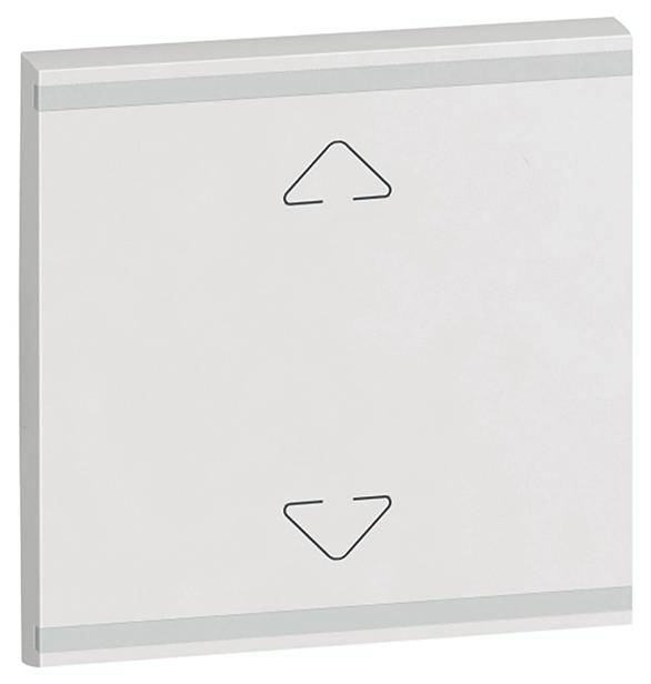 A white wall switch with two black arrow buttons: one pointing upwards, one pointing downwards. Suitable for controlling blinds or lighting.