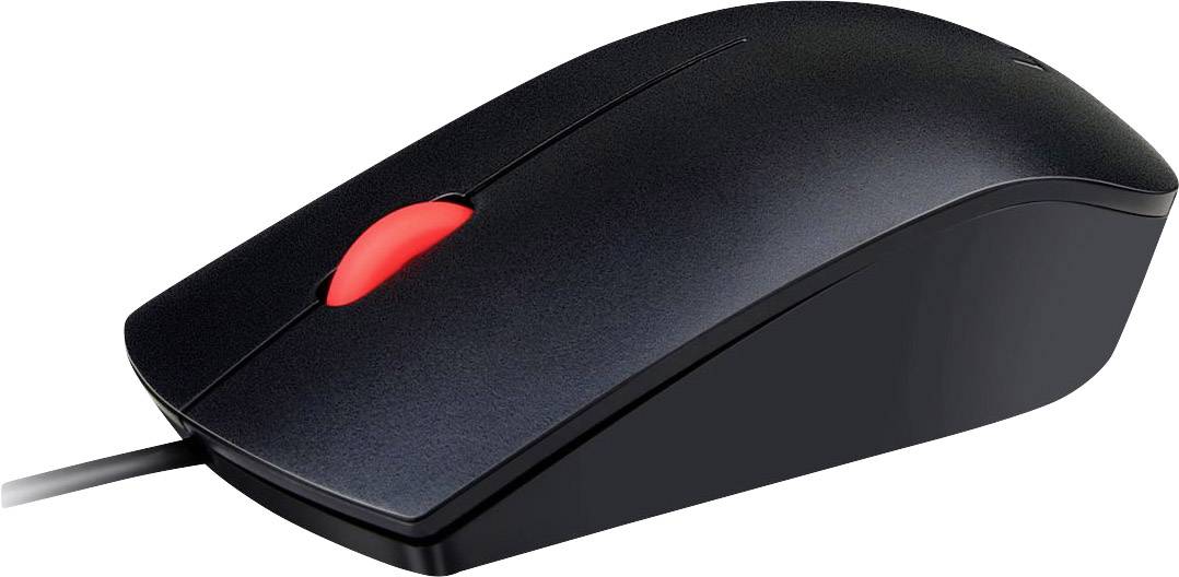 Black wired computer mouse with a red scroll wheel on a white surface.