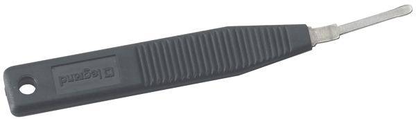 A lockpick with a black handle, used for manipulating locks in locksmith work or opening locks without a key.