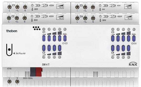 The image depicts a KNX dimmer module with multiple connections and switches. It is used for controlling lighting in a smart home system.