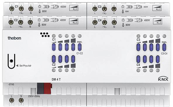 'KNX switching actuator with buttons for manual control, six switching channels marked at the top, four blue button pairs C1 to C4 at the bottom.'