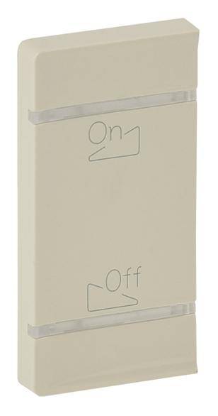 Beige, rectangular light switch with 'On' written at the top and 'Off' at the bottom. Symbols clarify the on and off positions.