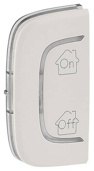 Switch with two buttons: upper button with 'On' symbol and house, lower button with 'Off' symbol and house, side view.