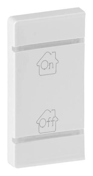 White light switch with two buttons: Top 'On' with a house symbol, bottom 'Off' with a house symbol.