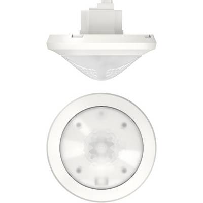 A white ceiling motion sensor, shown from the top side and front bottom. It has a curved sensor lens in the centre.