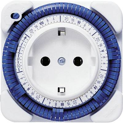 Socket timer with an analogue dial, 24-hour format, enables time-controlled operation of electrical devices.