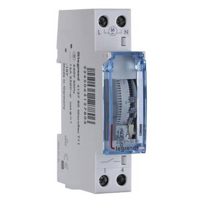 'Legrand' electricity meter in a white housing with a transparent blue cover window, displaying electrical measurement and control components.
