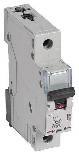 Circuit breaker with the inscription 'TX3 D50 legrand' shows technical details of an electrical safety device.