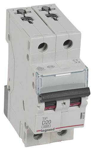 A two-pole circuit breaker marked 'D20', suitable for protecting electrical installations against overload and short circuit.