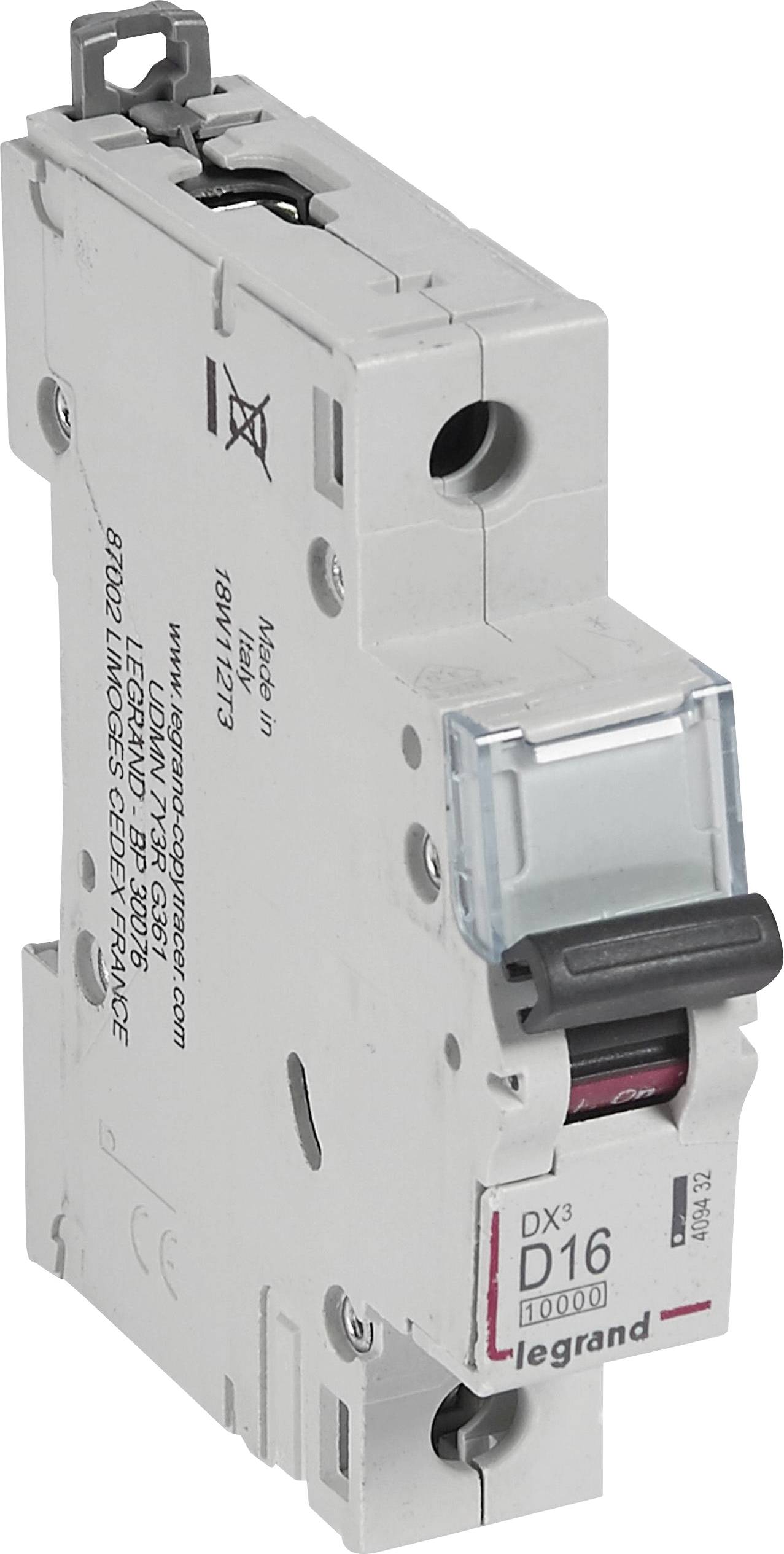 A grey circuit breaker by Legrand with a red switch. Model DX3, D16, 10100. Made in France.