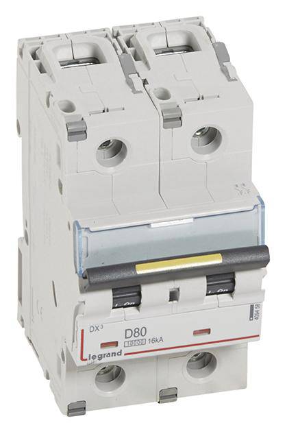 A two-pole circuit breaker by Legrand, model DX3, D80, 16 kA. It is greyed out and equipped with switching and safety components.
