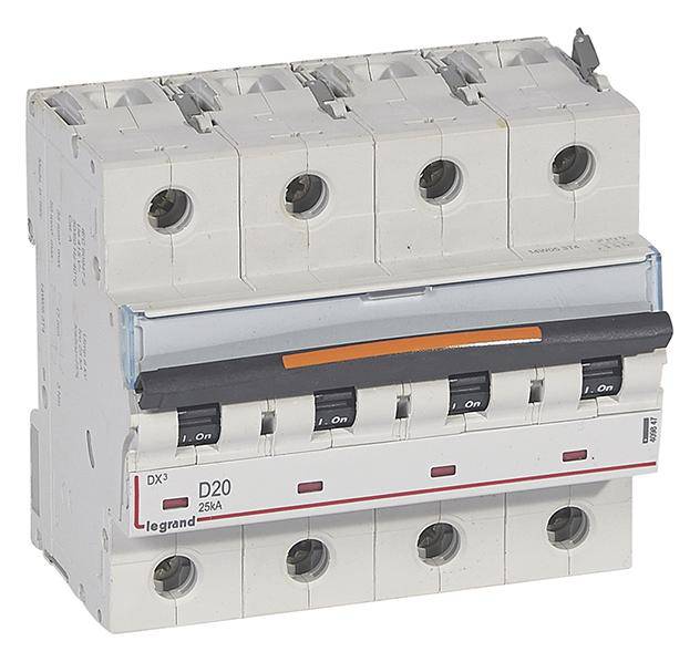 Illustration of a four-pole circuit breaker by Legrand with switches set to 'ON'.