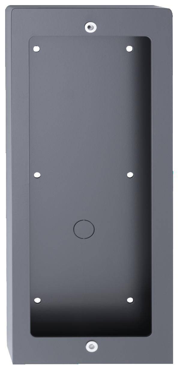 Metal frame for wall-mounting an access control system; rectangular, grey, with mounting holes and recesses for installation.