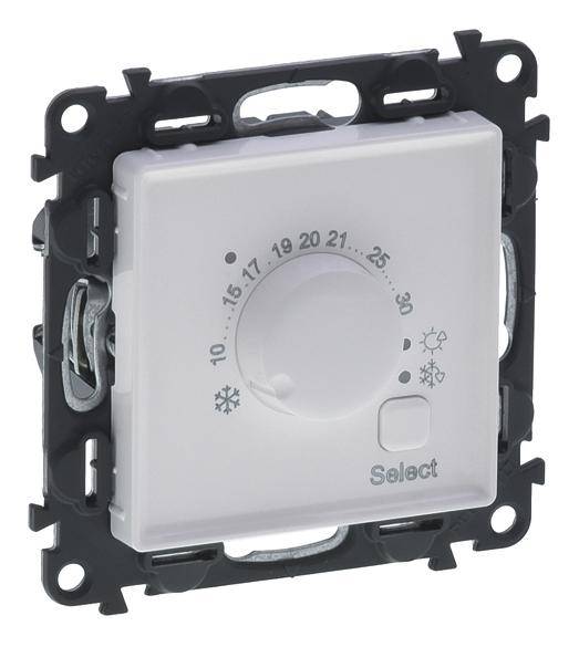 A white rotary control dial with a temperature display ranging from 10 to 30 degrees, featuring icons for cold, sun, and frost, mounted on a black base.