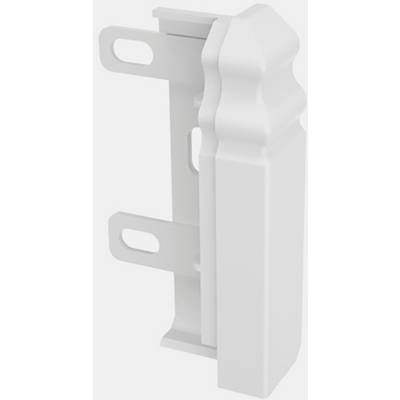 A white, decorative plastic fence holder with two mounting holes for attaching to a wall or post.