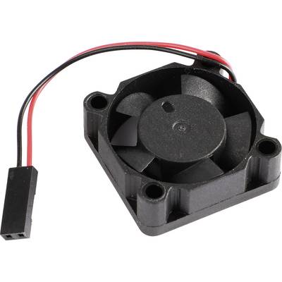 Black plastic fan with red and black wires, four blades, and a rectangular housing. Used for cooling in electronic equipment.