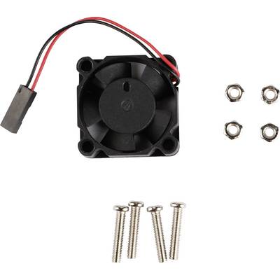 A small black fan with cables, four screws and four nuts, suitable for mounting on an electronic device.