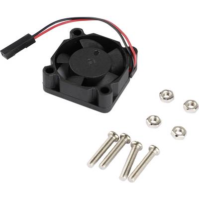 A small black fan with a red and black cable, with four screws and four nuts lying beside it.